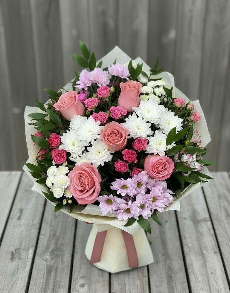 Букет цветов из: Альстромерии, Гвоздики, Розы и Хризантемы в Кинели Самарская область