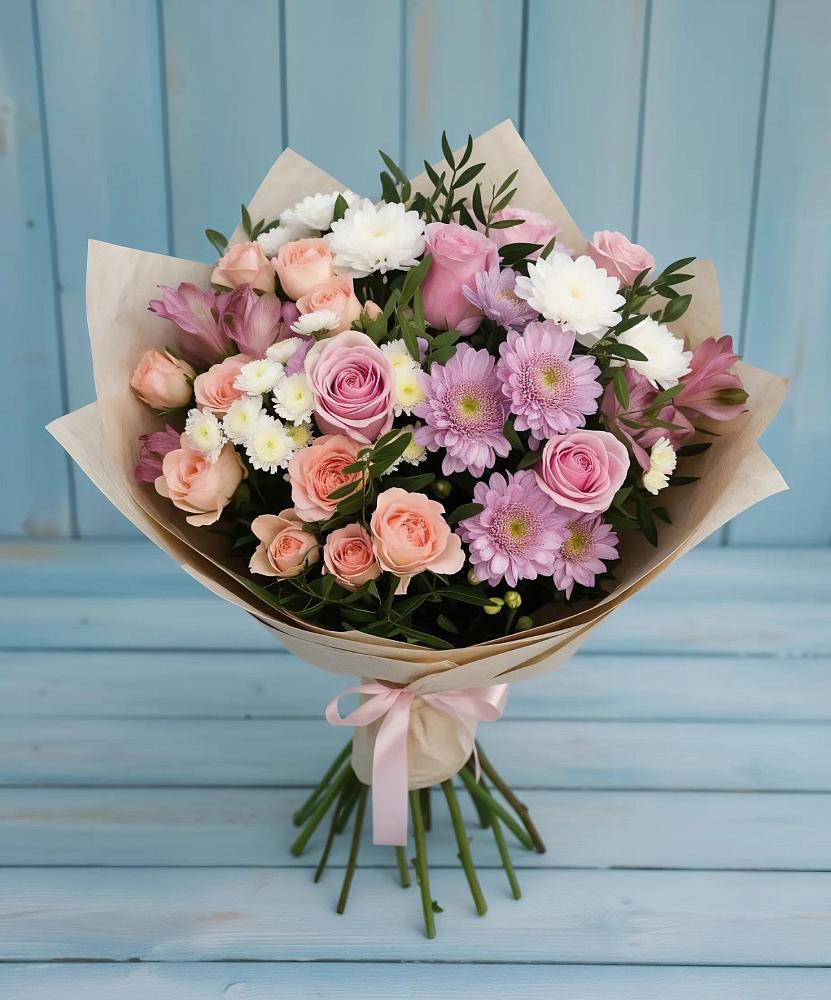 Букет цветов из: Хризантемы, Розы и Альстромерии в Кинели Самарская область