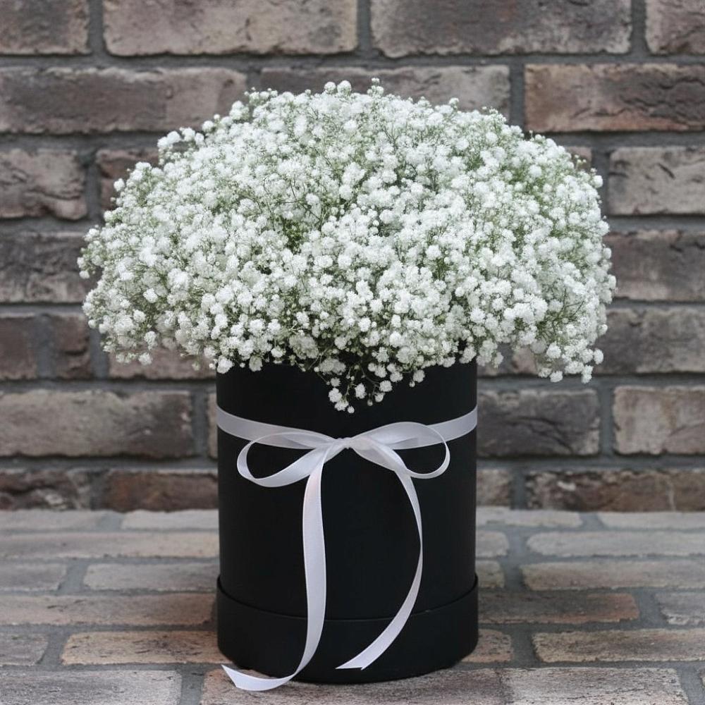 Цветочная композиция из Гипсофила в шляпной коробке в Кинели Самарская область