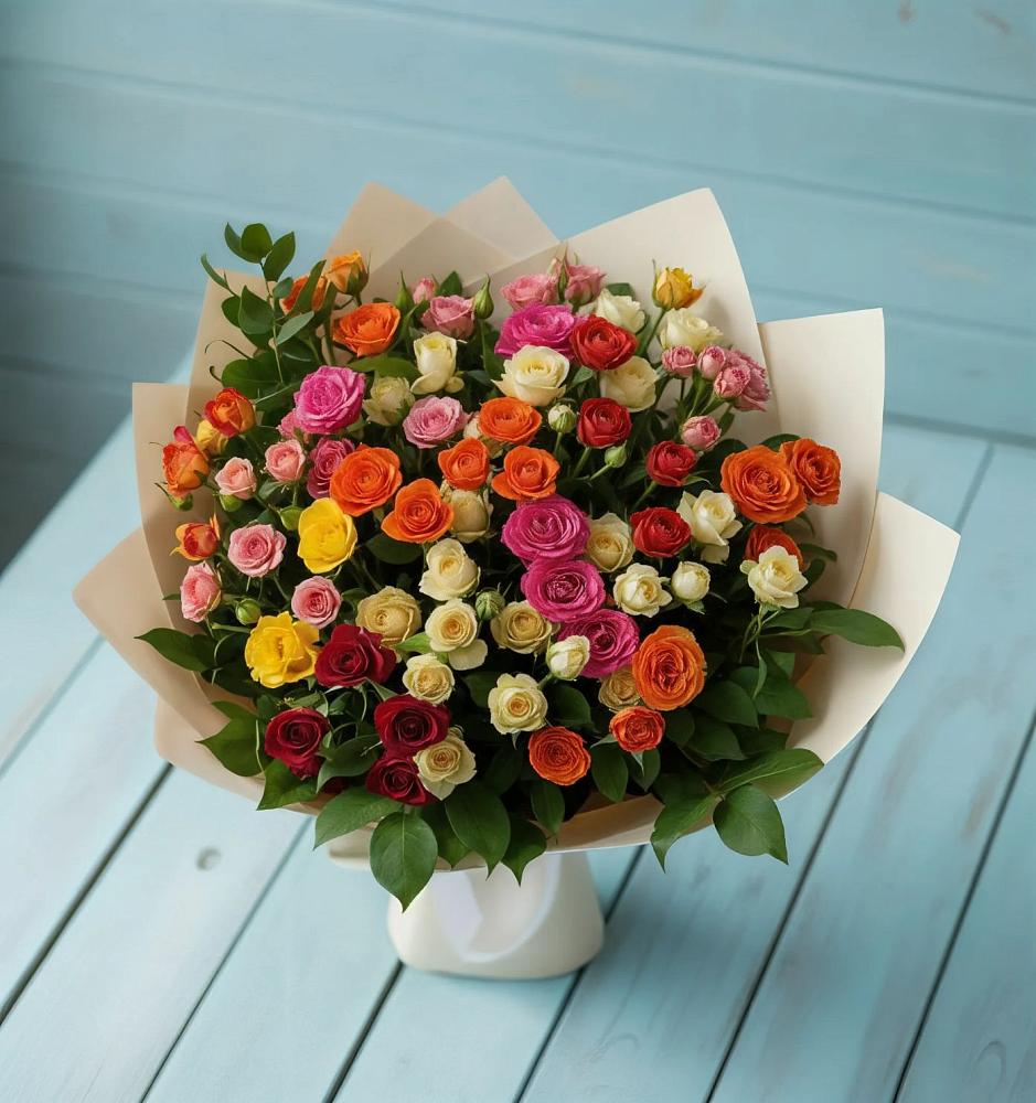 Букет Микс из разноцветных кустовых роз в Кинели Самарская область