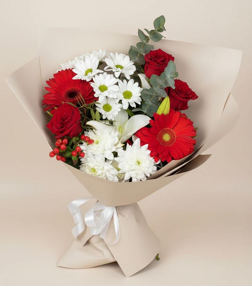 Букет цветов из: Розы, Хризантемы, Герберы и Лилии в Кинели Самарская область