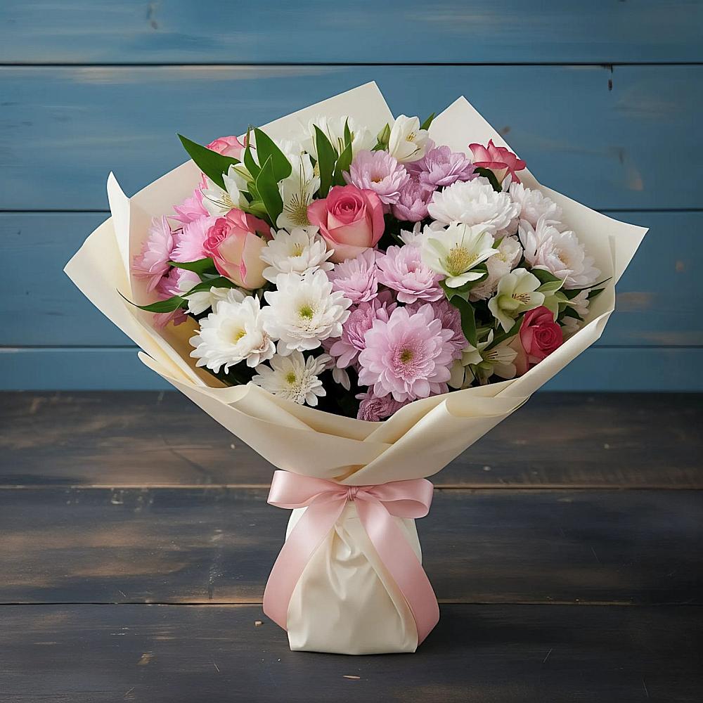 Букет цветов из: Хризантемы, Альстромерии и Розы в Кинели Самарская область